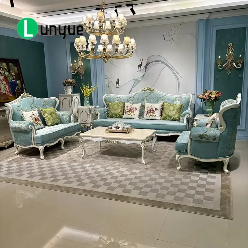 French U Shaped 1 2 3 Seater Sofa Set European Velvet Light Luxury Embroidery Carved Court Style Living Room Furniture