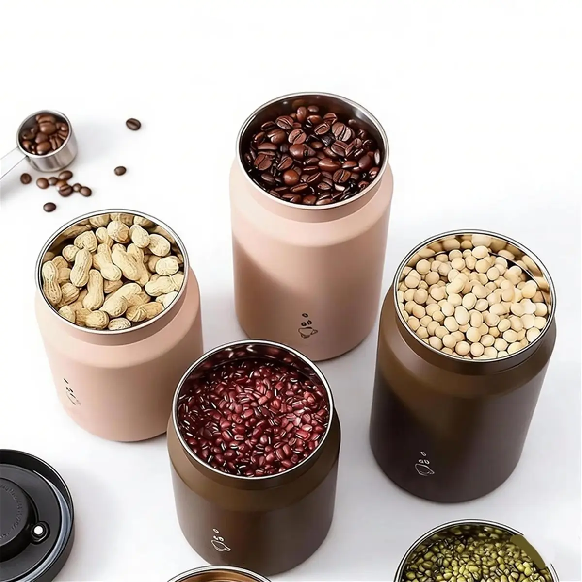1200ML Vacuum Coffee Bean Storage Stainless Steel Airtight Canister Light-Proof Tea Spice Food Jar Kitchen Tool Beige