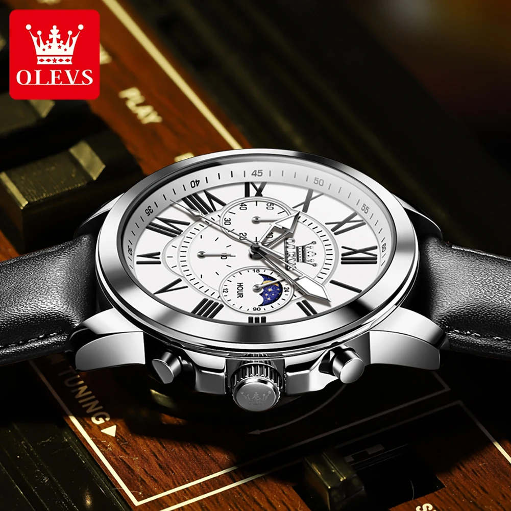 OLEVS 3632 Men Brand Watch Multi-functional Dial 24-hour Moon Phase Timekeeping 30m Waterproof Luminous Leather Strap Watch