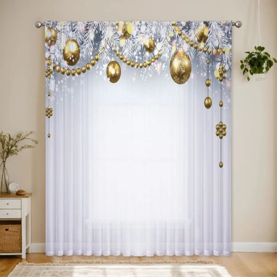 1PC Sheer Curtain Christmas Gold Bauble Pine Branch Print, Rod Pocket Window Curtain for Living Room Holiday Decor