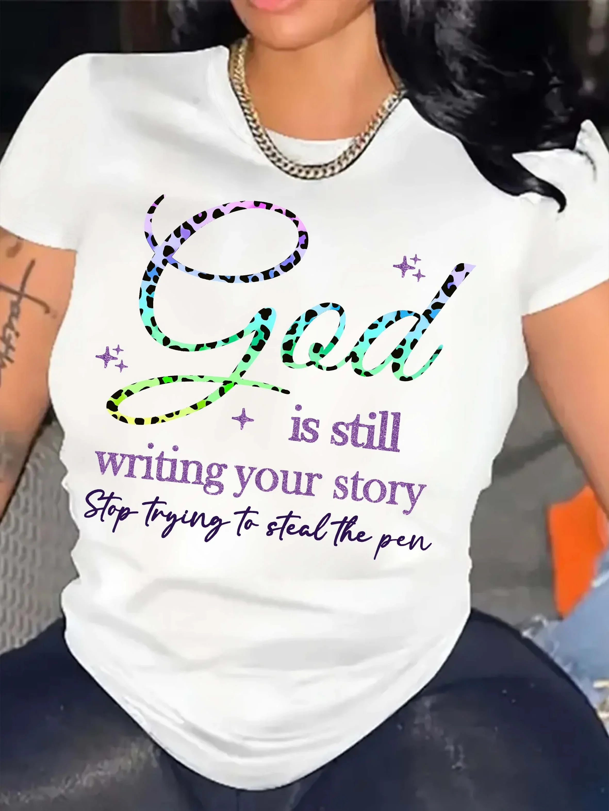 God Is Still Writing Your Story Print Crew Neck God Letter Print T-Shirt Casual Short Sleeve Top Women's Clothing