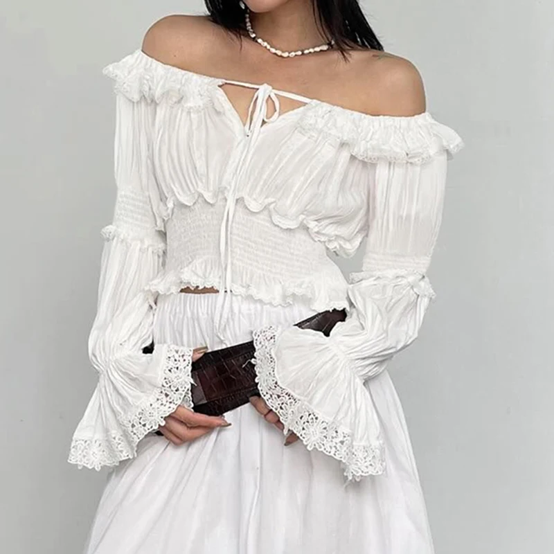 Darlingaga Y2K Aesthetics Ruffles Edge Slash Neck Blouses For Women Chic Lace Patchwork White Autumn Shirts French Ruffles Beach