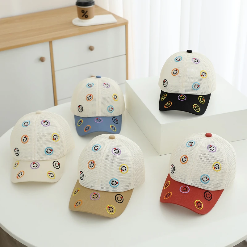 5 Colors Summer Boys Sun Protection Baseball Mesh Cap Smiling Face Embroidered Kids Peaked Caps Thin Adjustable Girls Hat 3-8Y