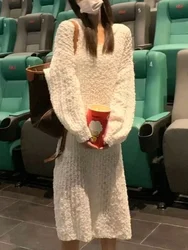 Sweet Elegant Hooded Knitted Dress Women 2024 Autumn Fashion Office Lady Casual Party Dress Loose Warm Long Sleeve Korean Dress
