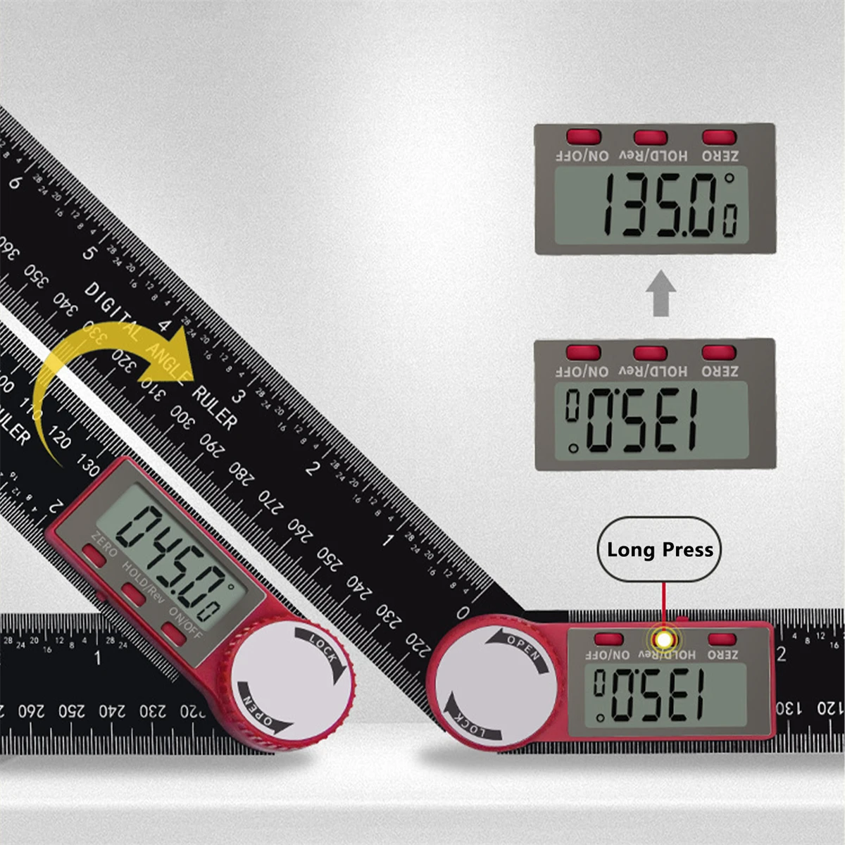 Cyfrowa linijka kątowa 2 w 1 z dużym ekranem Stal 0-360 ° (200 mm) Kątomierz Precyzyjne narzędzia do pomiaru kąta z regulacją 1 szt