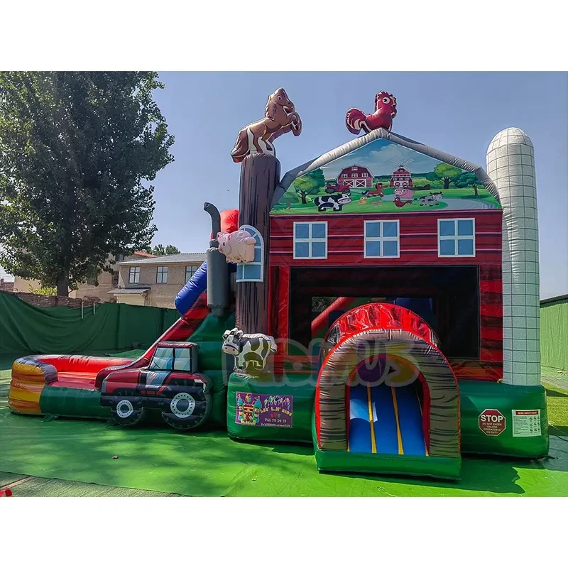 Commercial PVC Farm Animal Themed Inflatable Bounce House With Slide, Barn Tractor Inflatable Jumping Castle for Party Rental