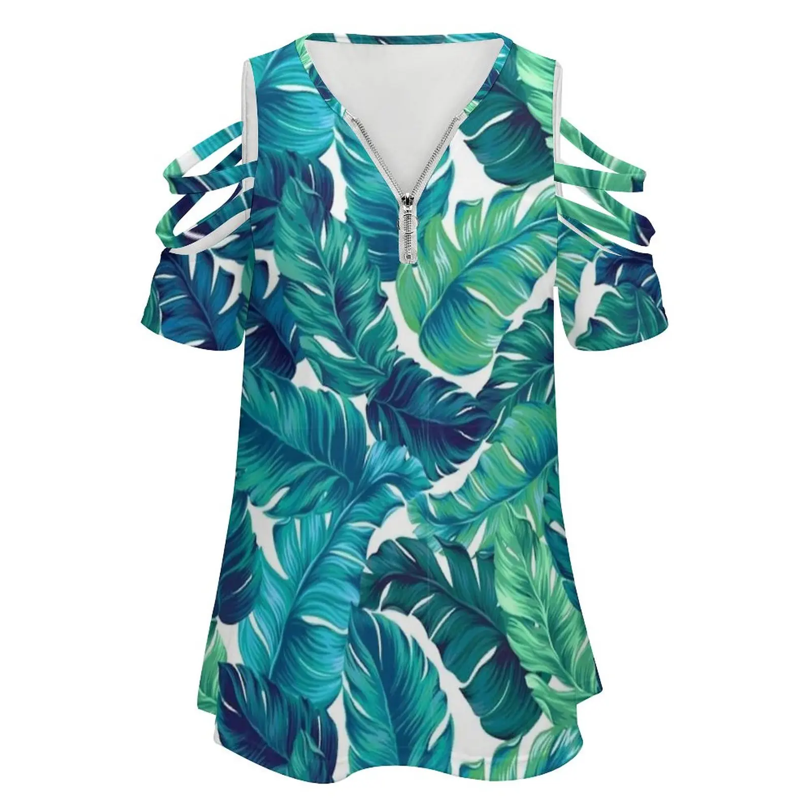 Funky Banana Leaf Pattern. New Fashion Zip Off Shoulder Top Short-Sleeve Women Shirt Tropical Banana Leaf Pattern Seamless