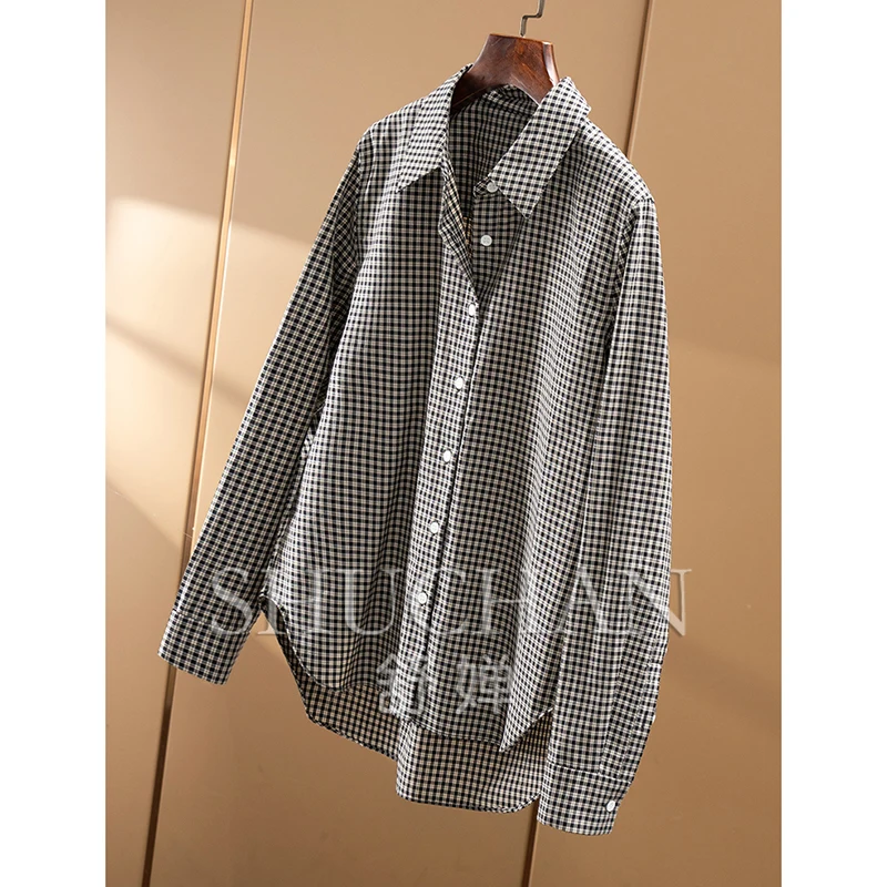 Intellectually fashionable early autumn commuting 100 cotton yarn-dyed plaid long-sleeved shirt  women 3Y19