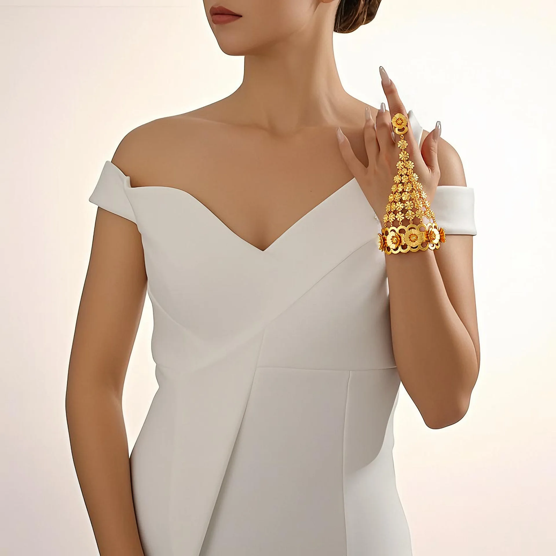 Fashion Dubai 24K Gold Plated Ring Bracelet for Lover's Wedding Christmas Jewelry Set DD10927