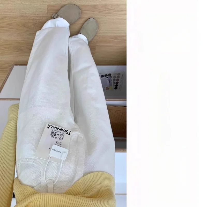 

Белые джинсовые джинсы с высокой талией и широкими штанинами, узкая версия, женские свободные брюки высокого класса с прямыми драпировками до пола, S...