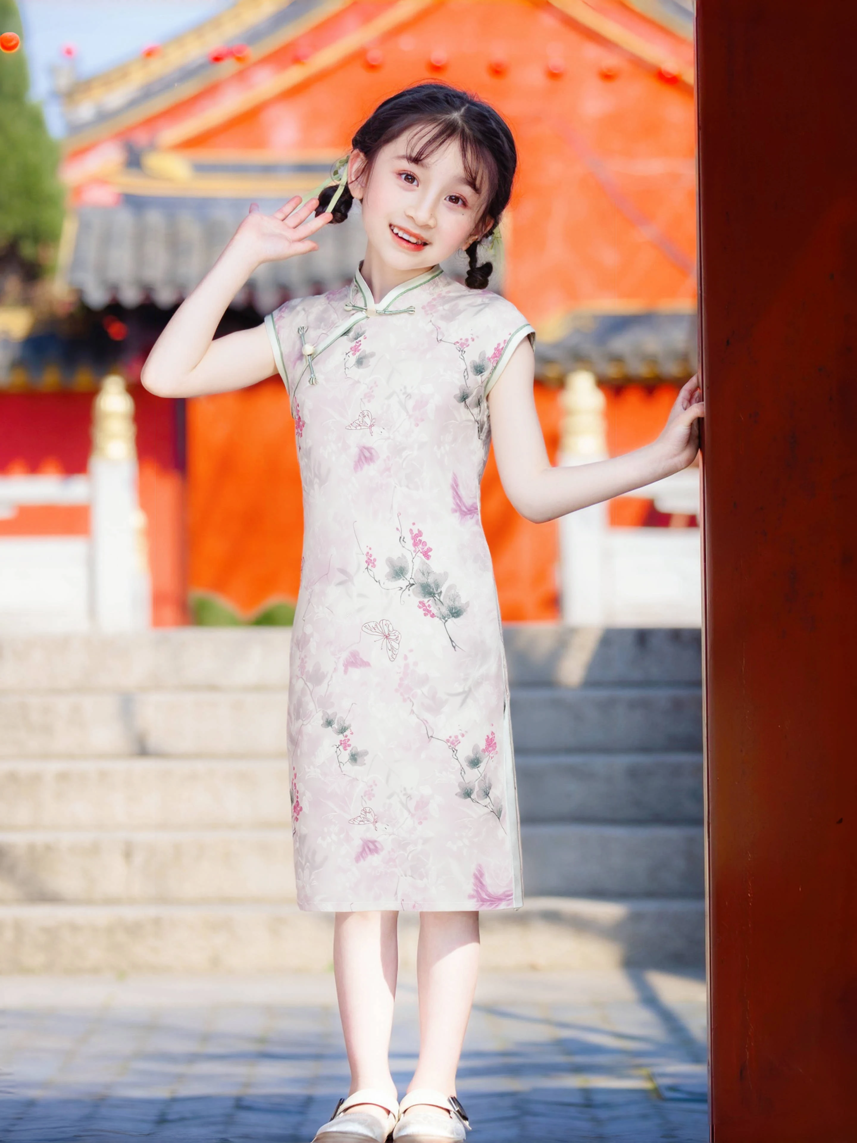 2025年新作-中国風-薄手ノースリーブ-ガールズ-チャイナドレス-子供服-夏-レトロワンピース-ミドル丈スカート-女の子向け