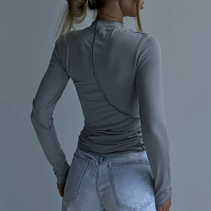 ​ ​ Costura feminina manga longa mock pescoço térmico superior ponto reverso essencial inverno malhas topstitching ​ ​   Tops casuais da moda