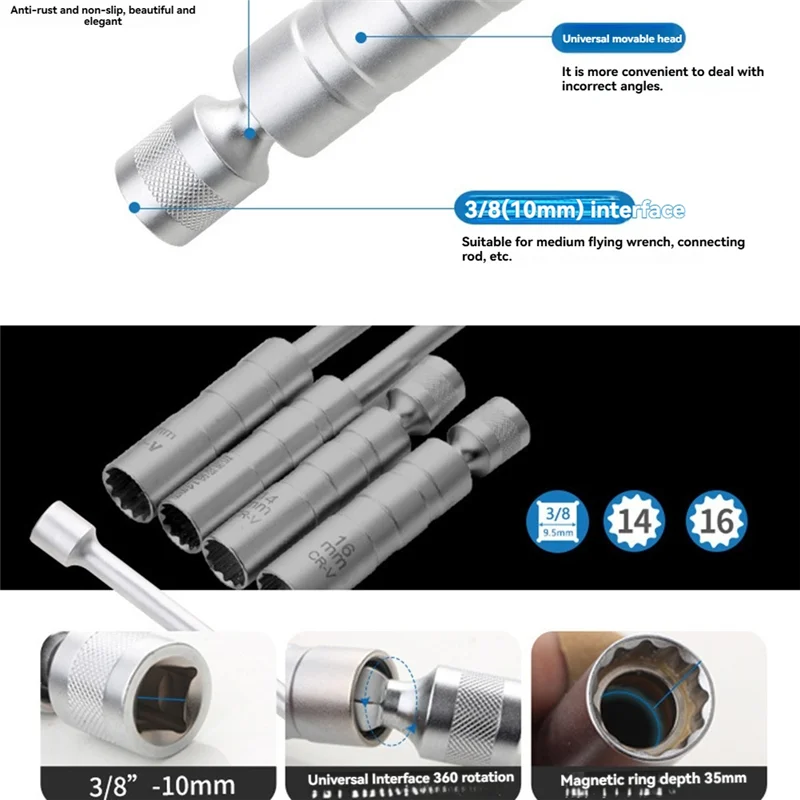 

AA14 New Extend Spark Plug Socket Wrench 12 Angle Repairing Removal Tool Thin Wall 3/8 Inch Drive Sockets Auto Repair Tool