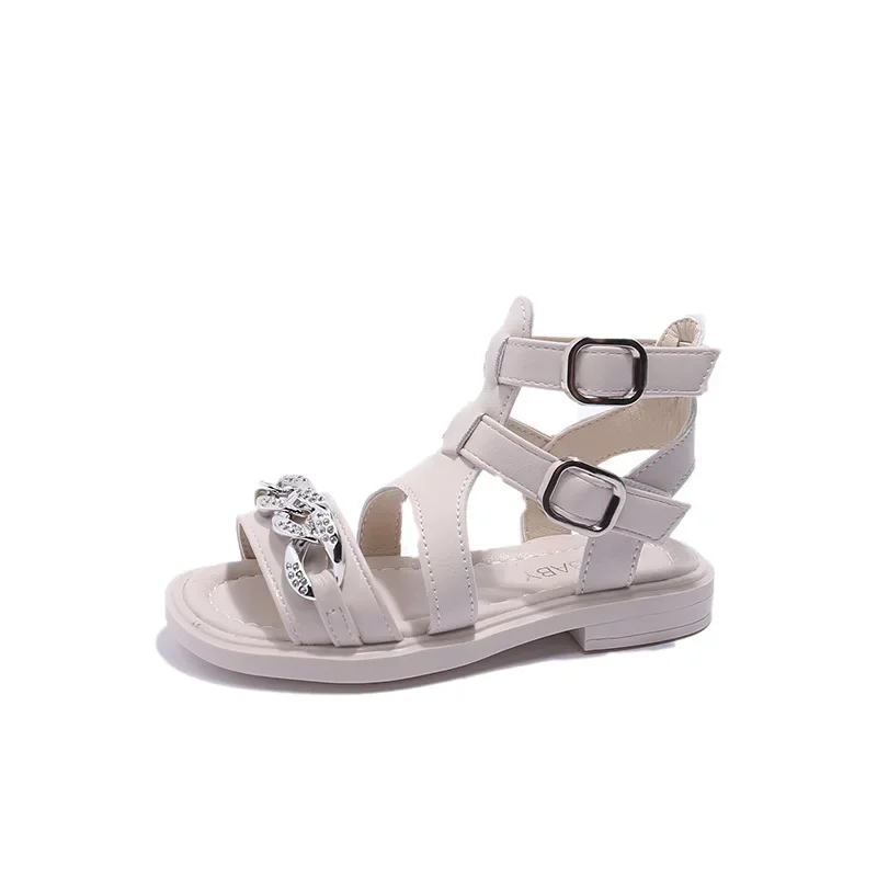 Sandalias romanas con punta abierta trenzada para niñas,  remaches simples de alta calidad, Color sólido,  girls sandals