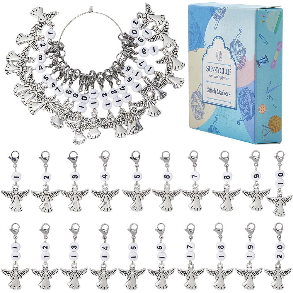 20Pcs Knit Stitch Marker Charm 1~20 Numbers Stitch Markers Cute Locking Crochet Marker with Angel Fairy Charms Lobster Clasp