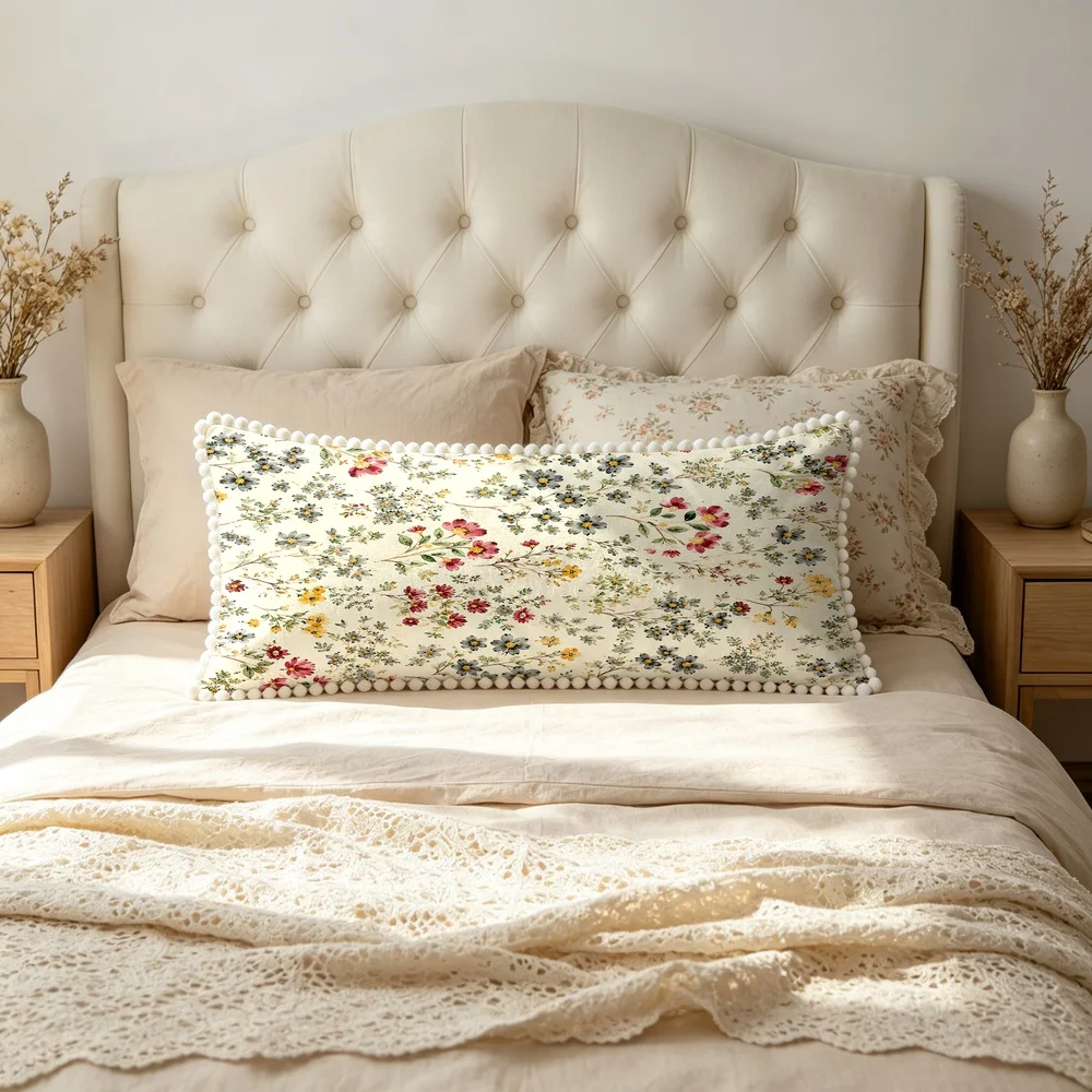 1PC Cream Background with Colorful Small Wildflowers and Branches, American Country Vintage Floral Long Pillow Cover with Pom