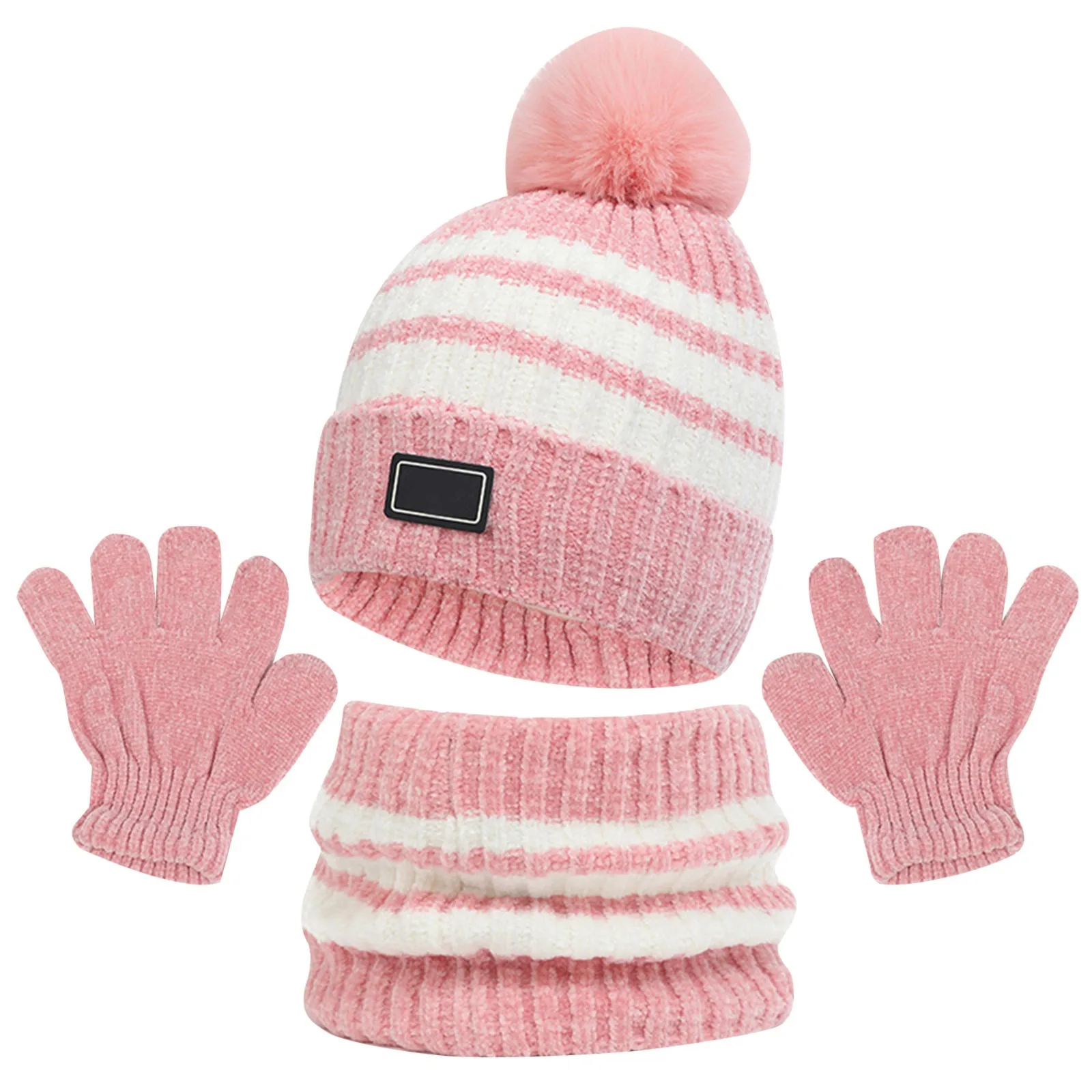 Ensemble bonnet écharpe et gants avec pompon pour bébé, bonnet pour tout-petit, chapeaux mignons, accessoires chauds d'extérieur, document solide, 1-5 ans, hiver, 3 pièces