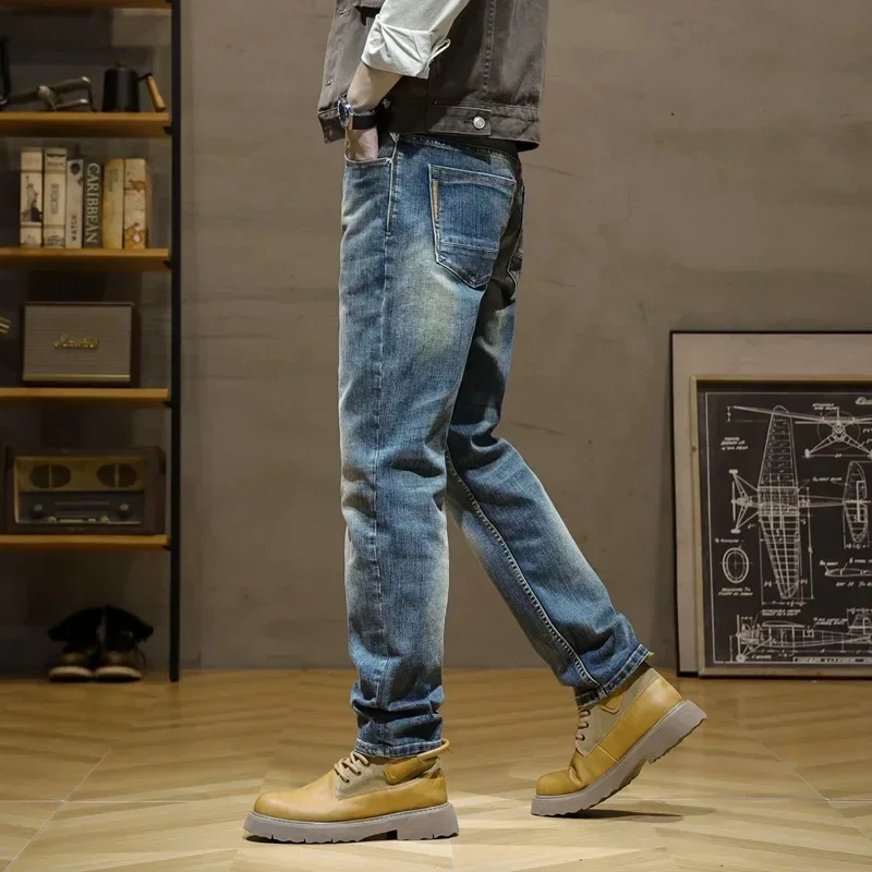 이탈리아 스타일 패션 남성 청바지 레트로 블루 탄성 슬림핏 찢어진 청바지 남성 바지 빈티지 디자이너 캐주얼 데님 팬츠