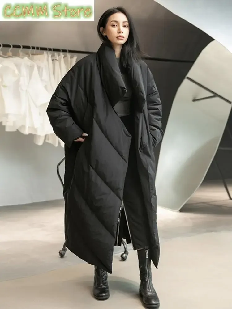 Loose Fit Black Long Down Jacket New Stand Collar Long Sleeve Warm Women Parkas Fashion Tide Autumn Winter