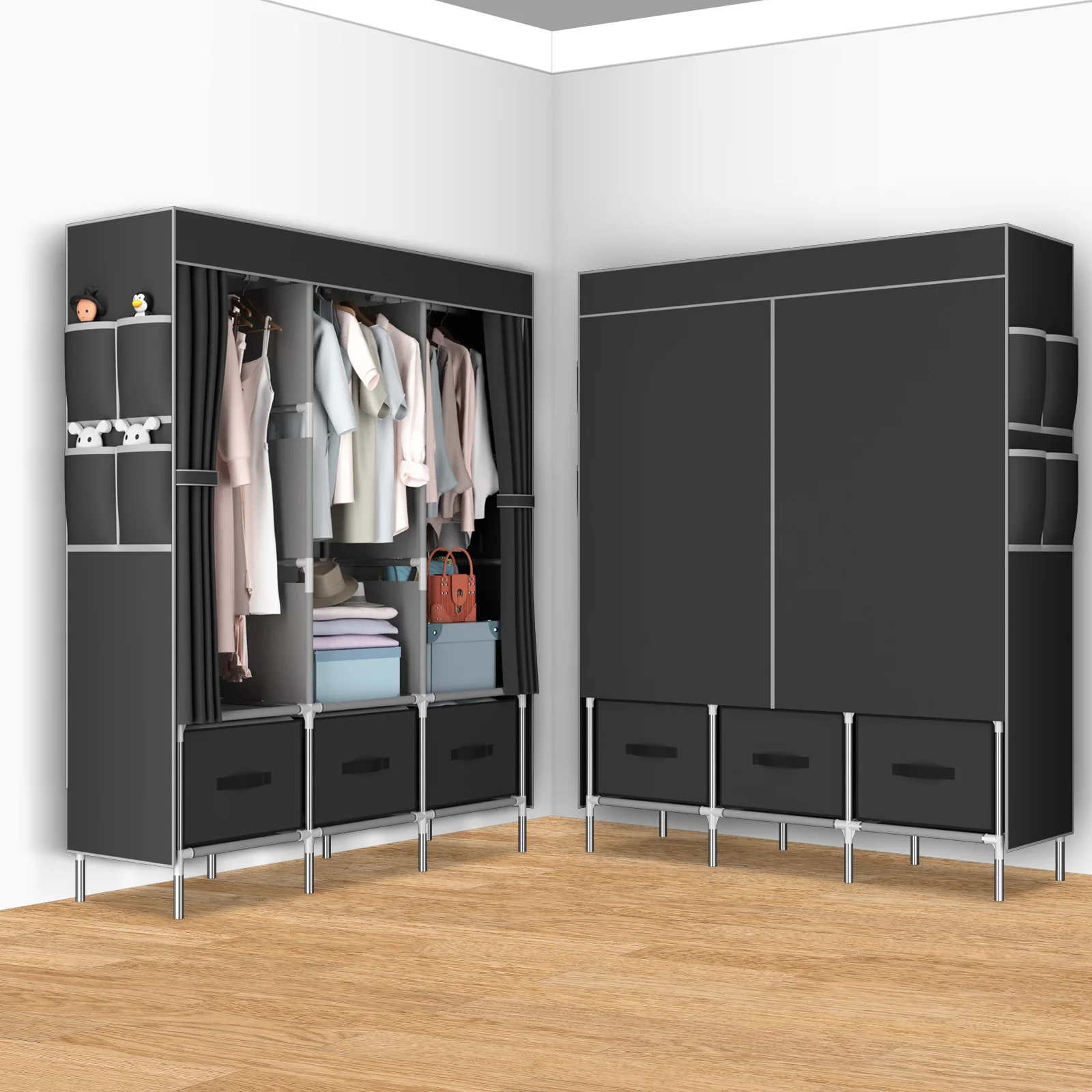 Portable Canvas Wardrobe, wardrobe Pop up wardrobe, Versatile Fabric Wardrobe with 3 Storage areas and 3 Hanging Rail 8 Side Bag