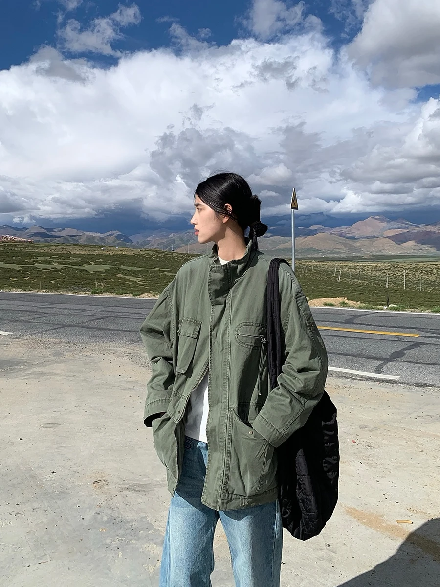 

Retro American Sle Casual Collar Jaet Men Women Loose Fit Workwear Cotton Long Sve Zipper Closure Couple Trendy Top