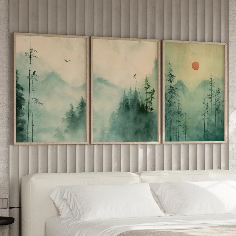 3pcs frameless Canvas Painting 3pcs Japanese Green Landscape Art Print Zen-Inspired, Serene Natural Scenery—Frameless Poster on