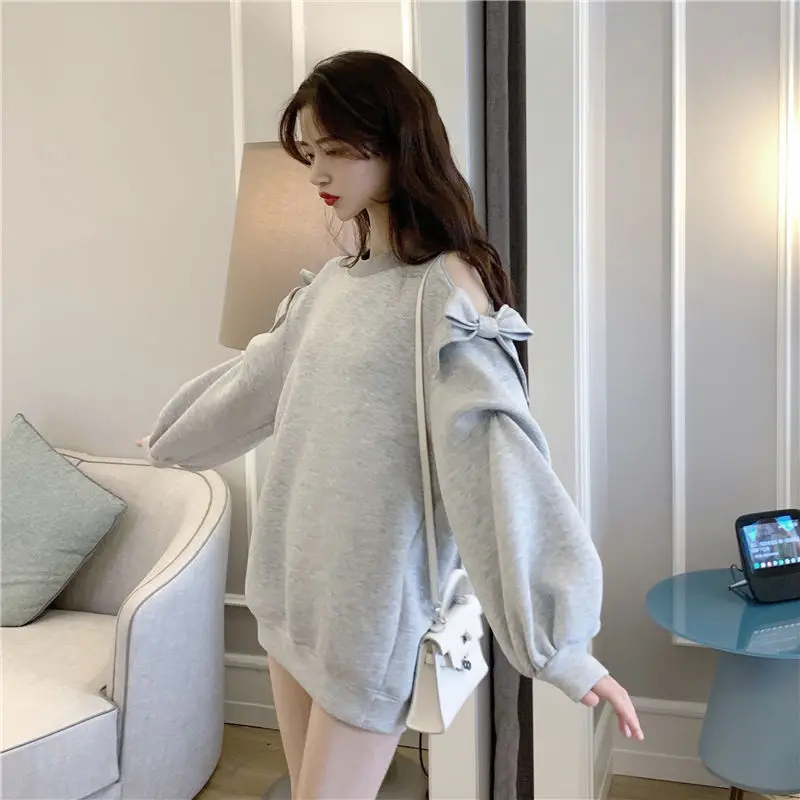 Bow Off Shoulder Sweatshirt Loose Slimming Lazy Sweet Daily Commuting Plus Size Top Autumn Winter Simple Women\'s Clothing