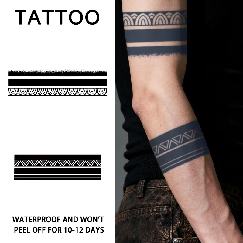

Водонепроницаемые временные тату-наклейки с геометрическими линиями, долговечные, водонепроницаемые, держатся от одного до двух недель, подходят для рук и ног.
