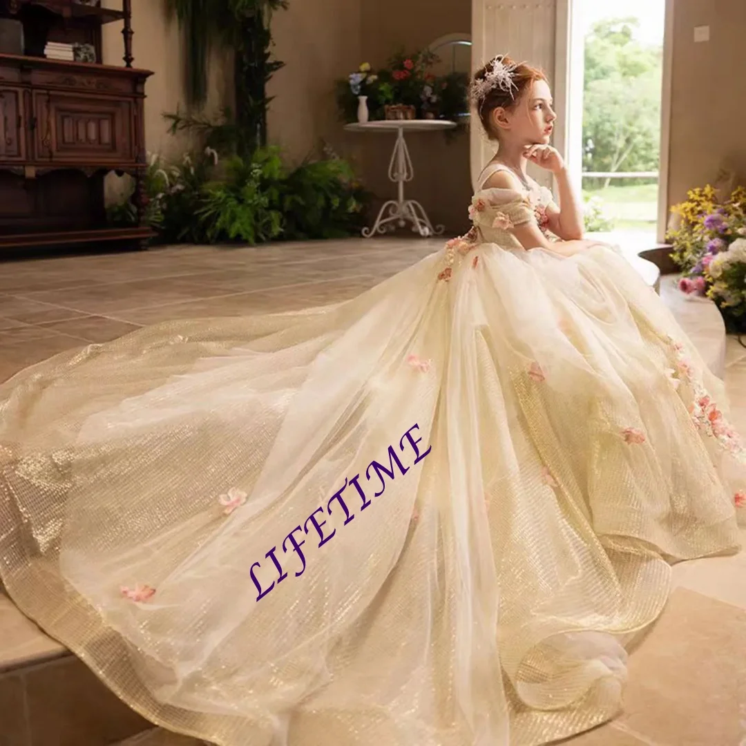 

Luxury Gold Handmade Flowers Girl Dress Off Shoulder Arabic Princess Wedding Birthday Pageant Party Evening Gown Customized