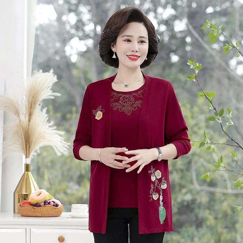 Embroidery flower Pullover Two Pieces Spring Fall Middle Age Mother Clothes Fashion Casual Women Top