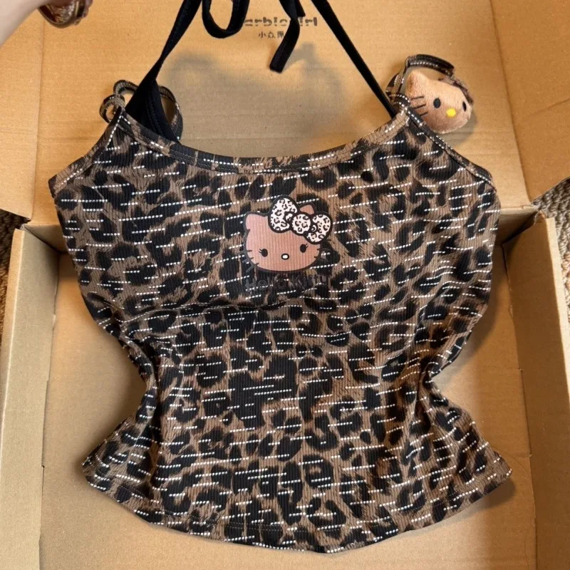 Camisola con estampado de leopardo de Hello Kitty para mujer, estilo americano sexy, falso de dos piezas, ajustado, top corto de verano, ropa Y2K para mujer