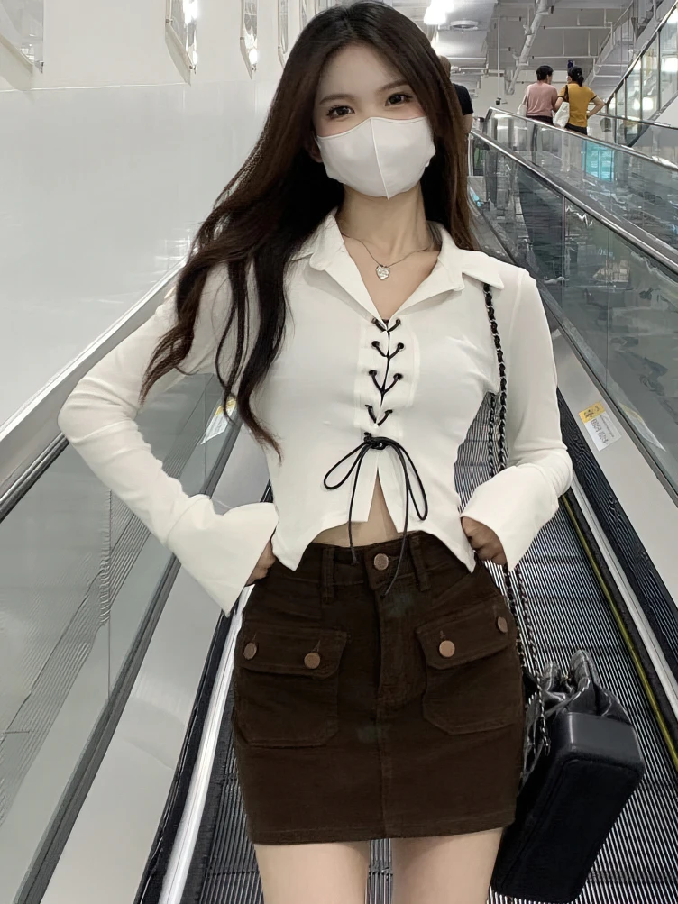 Lace Up Long sleeve Korean Dongdaemun Youth Trend Shirts Blouses Women Autumn Basic Crop Shirt 2024 New White Black