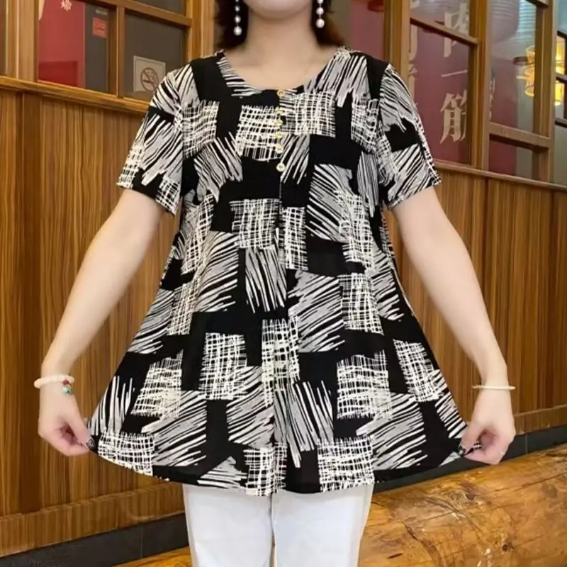 Summer New Women's Minimalist Commuti Printed Camouflage Patchwork Button Folds Loose Round Neck Short Sleeve Midi T-shirts Tops