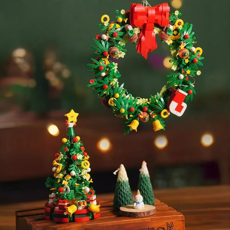 크리스마스 트리 빌딩 블록 카와이 홀리데이 리스 장난감 소장 모델 데스크탑 장식 어린이 선물