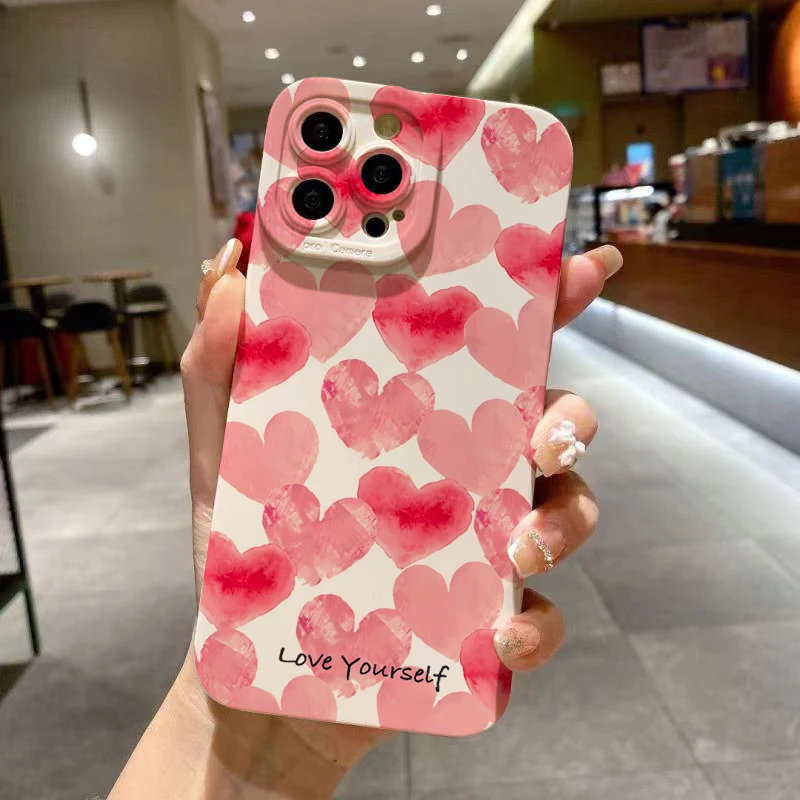 Pink Love Heart Graphic Printed Phone Case For iPhone 15 14 13 12 11 Pro Max XS X XR 7 8 Plus 15 Shockproof Soft Silicone Cover