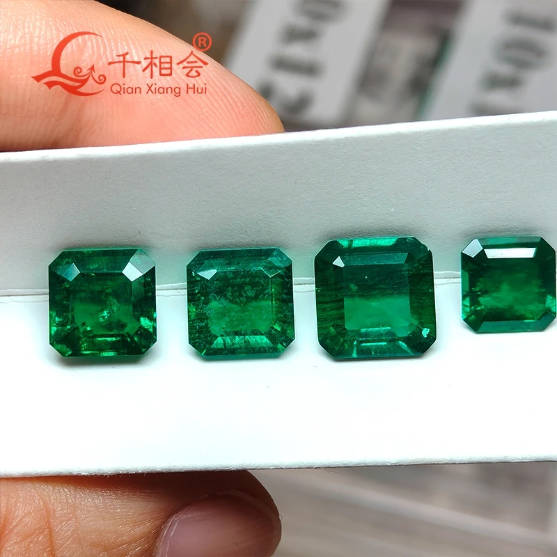 Asscher shape transparent Dark Green color Lab-Grown Hydrothermal square step cut with more Inclusions for Jewelry Design