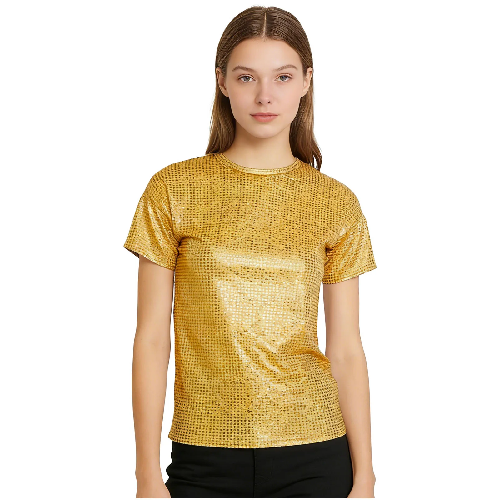 

Women Men Disco 80s Holographic Plaid T-shirts Crew Neck Short Sleeve Pullover Iridescent Metallic Tops for Dancing Singer Choir