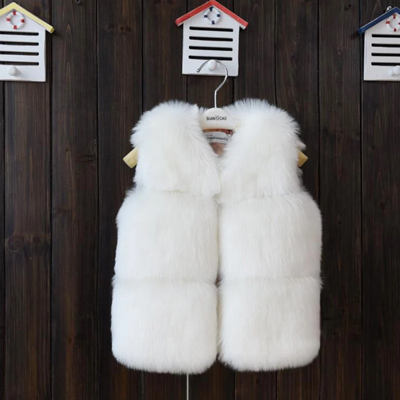 Pink White Faux Fur Vest Jacket Warm Fuzzy Waistcoats for Girls Kids Fashion Winter Autumn Thick Fleece Outerwear Toddler Child