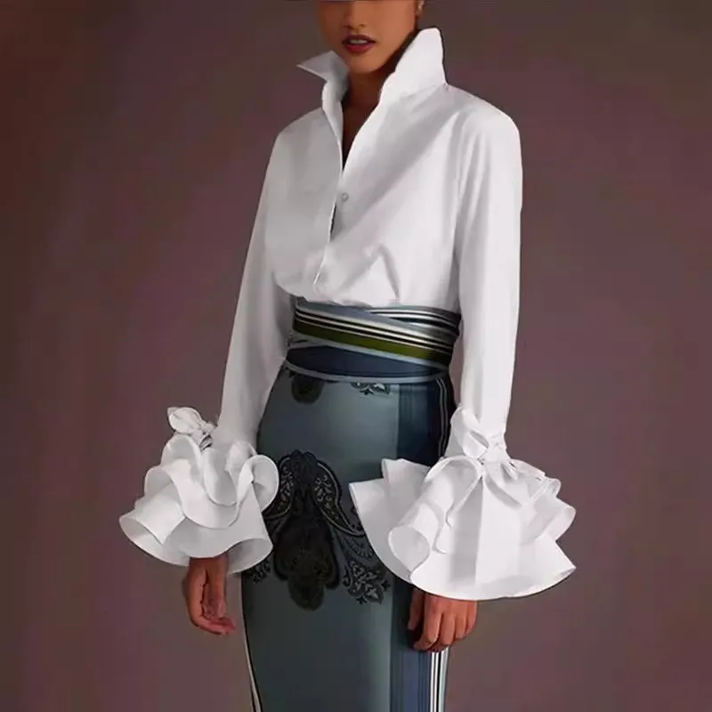 

2025 Design Fashion Shirt Blouse Lapel Long-sleeved Single-breasted Tops Women's Solid Splicing Bell Sleeve Casual Shirts Female
