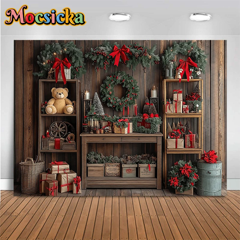 Mocsicka Christmas Home Backdrop Soft Washable Indoor Tree Photo Background Photography Wreath Bear Gift Wood House Decor Banner