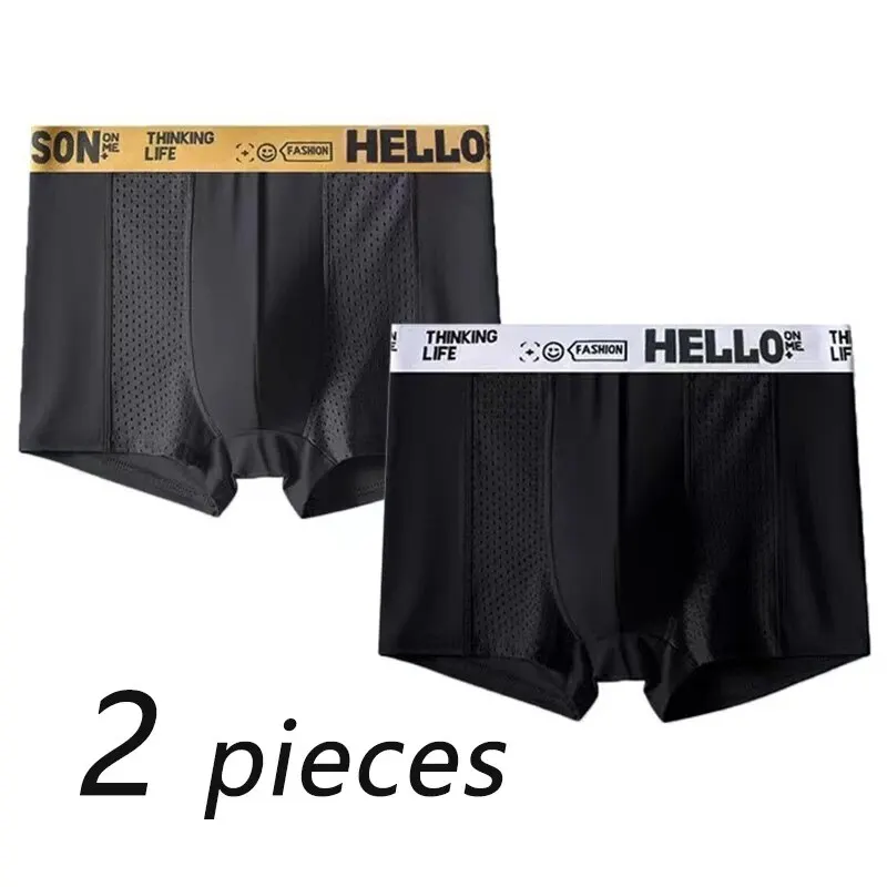 2 Pieces Men Boxers Shorts Underpants Underwear Black Dark Gray 2XL 3XL 4XL Ice Silk High Stretch Sports Breathable Fashion