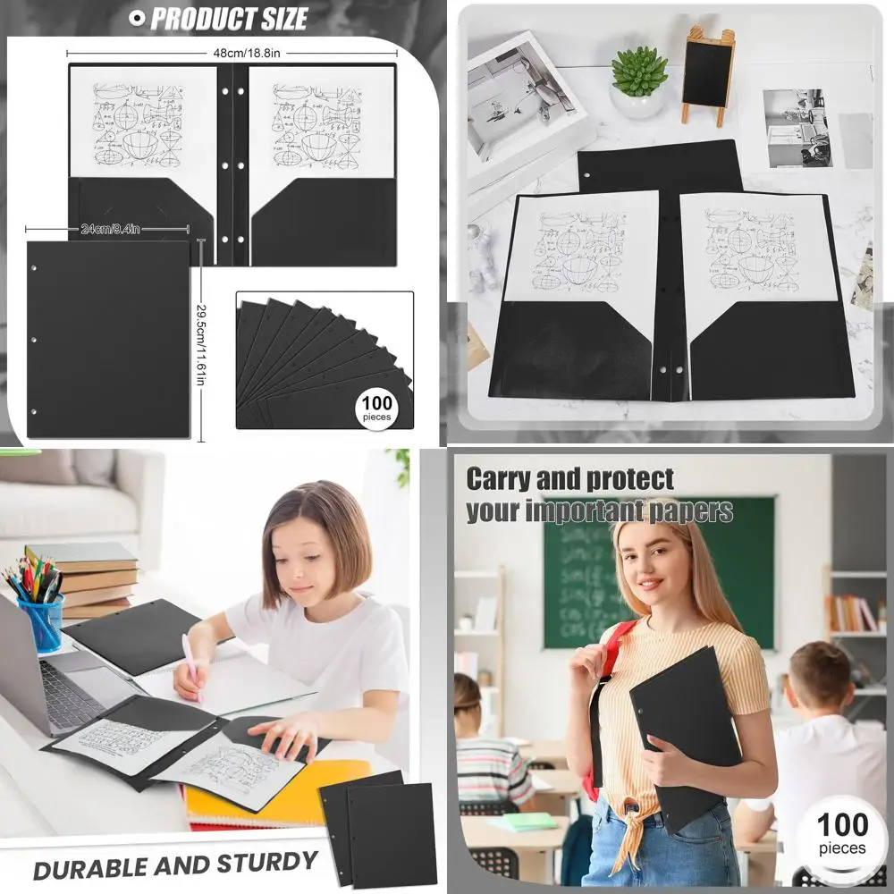 

100 Pack Plastic 3-Hole Punch Pocket Folders, 2 Pockets for 3-Ring Binder, Durable Poly, Office and Home Use, Black
