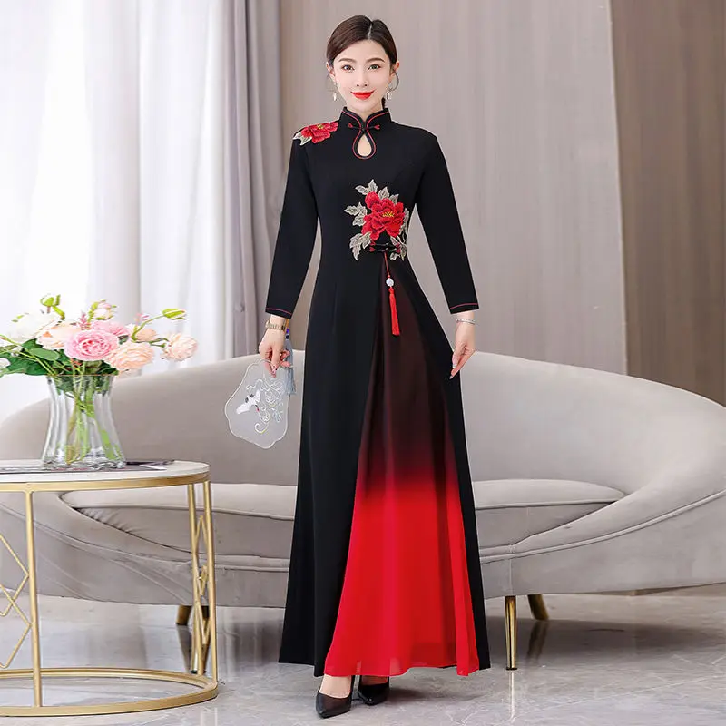 Audrey Cheongsam 2023 Autumn Women's Long sleeved High end Stage Advanced Sense Etiquette Walk Show Long Choir Performance Dress