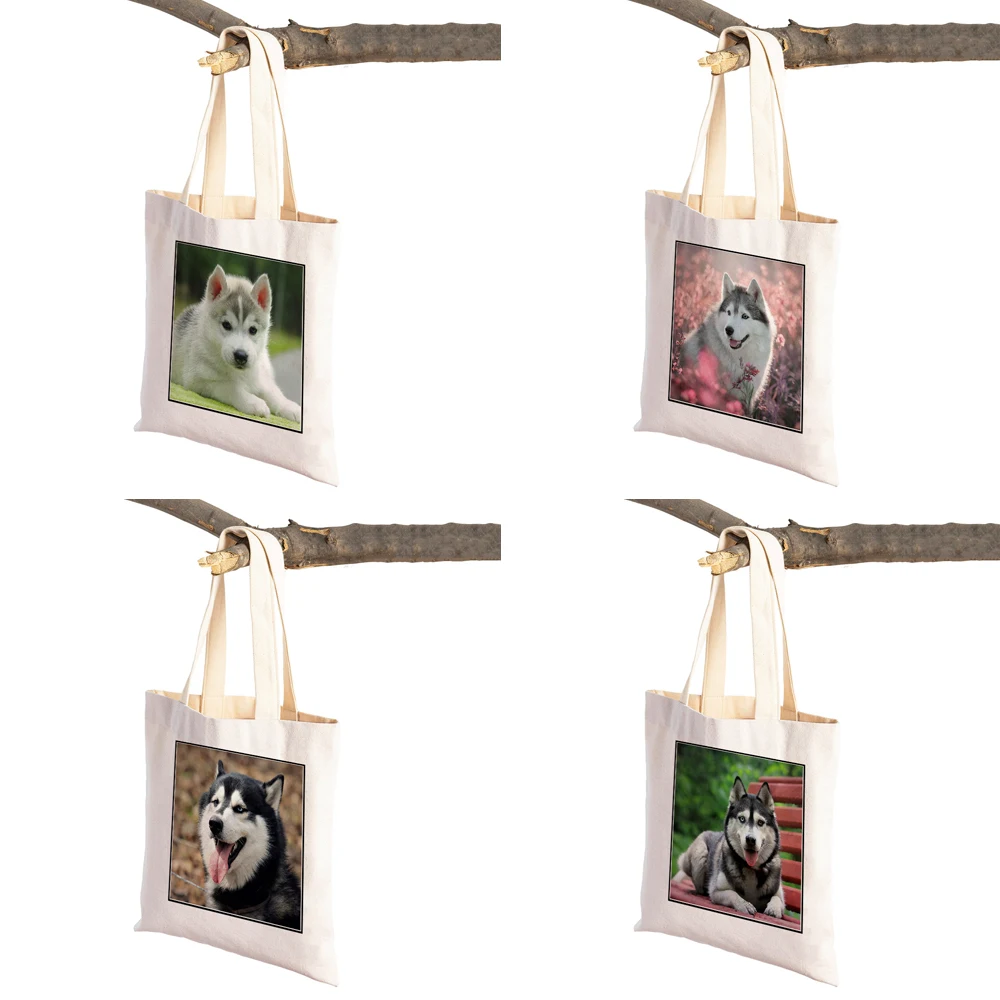 Siberian Husky Dog Canvas Shopper กระเป๋าถือ Reusable สัตว์เลี้ยงสัตว์พิมพ์คู่ Casual Tote ผู้หญิงช้อปปิ้งสำหรับซูเปอร์มาร์เก็ต