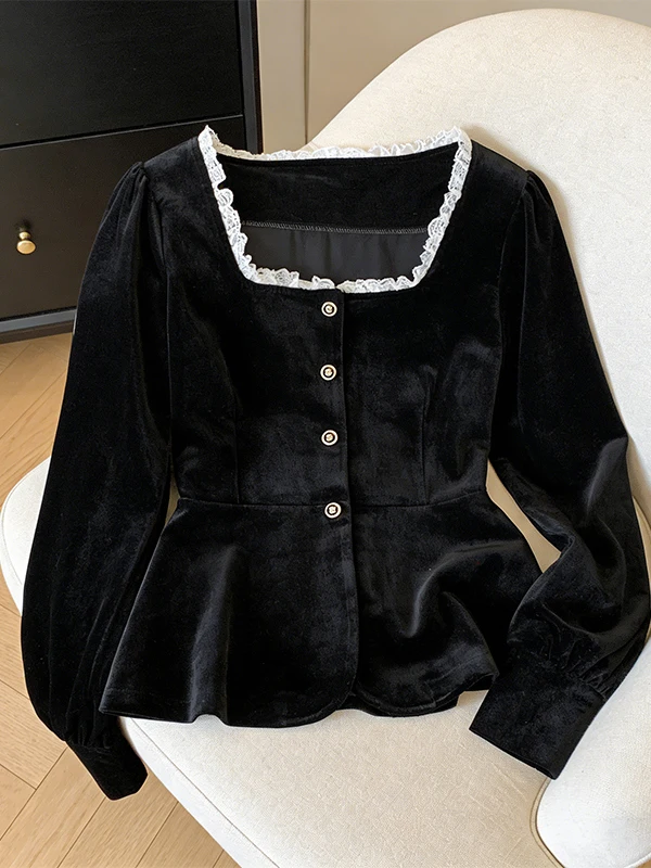 

plus Size Women's Velvet Shirt Spring 2026 Waist-Cinching Slimming Square Collar High-End Feel Top Commute Style Lantern Sleeve