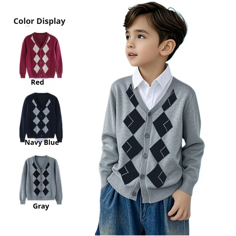 Spring Autumn Teens Kids Cardigan Cotton V-Neck Knitwear Sweater Preppy Style Boys Girls Top Clothes Casual Versatile Outerwear