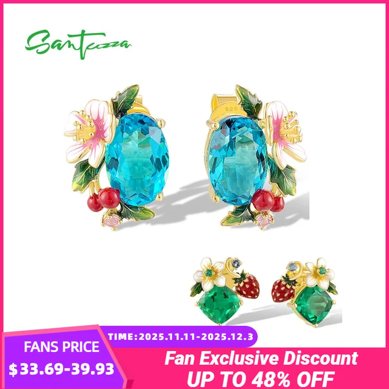 

SANTUZZA серьги из стерлингового серебра 925 пробы для женщин, сверкающие цветные драгоценные камни, сладкий стиль, цветок клубники, шикарная эмаль, ювелирные украшения