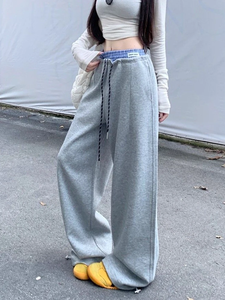 السراويل الرياضية واسعة الساق النساء الدانتيل يصل منقوشة المرقعة عالية الخصر الشارع الشهير بنطلون الخريف خمر فضفاض عادية مستقيم Sweatpants