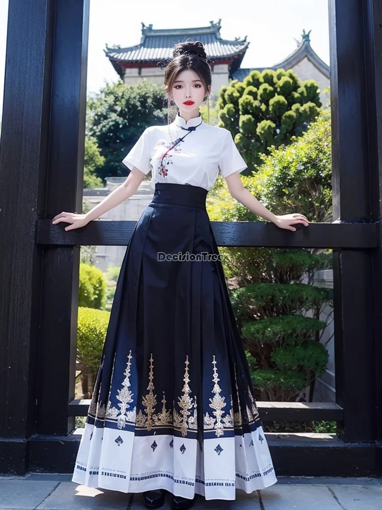 2024 summer new improved retro fashion chinese style hanfu set vintage embroidered cheongsam top pleated skirt 2 piece set b138