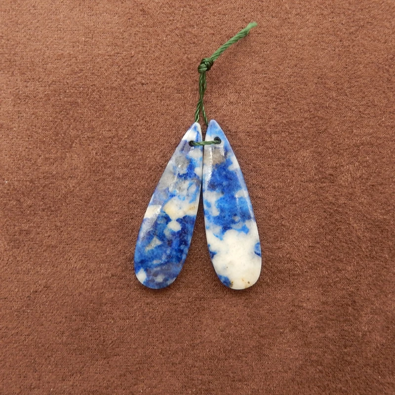 Natural Blue Lapis Lazuli Long Teardrop Earring Pair with White Inclusions Polished Gemstone Artisanal Jewelry 37x11x5mm-5.7g